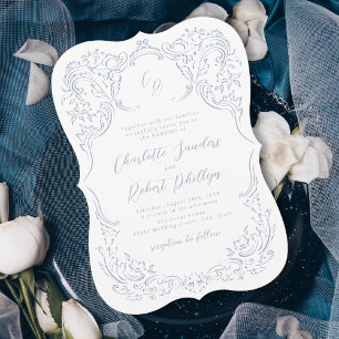 Invitation Bleu Poussiéreux Monogramme Vintage Fleurissement