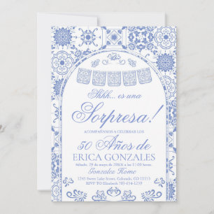 Invitation Bleu Poussiéreux Papel Picado Surprise 50e Anniver