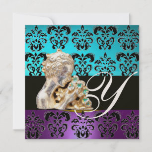 INVITATION BLEU, PURPLE, NOIR, BLANC DOMMASQUE MONOGRAMME DE 