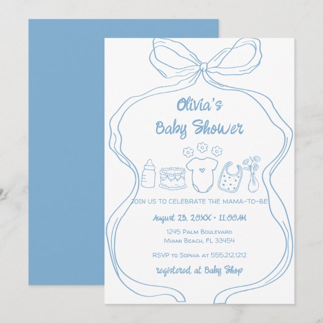 Invitation Bleu Quirky Main tiré Wavy Bow Boy Baby shower (Devant / Derrière)