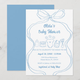 Invitation Bleu Quirky Main tiré Wavy Bow Boy Baby shower