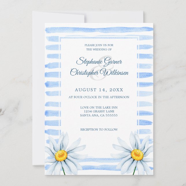 Invitation Bleu Rayures Aquarelle Fleurs blanches Mariage (Devant)