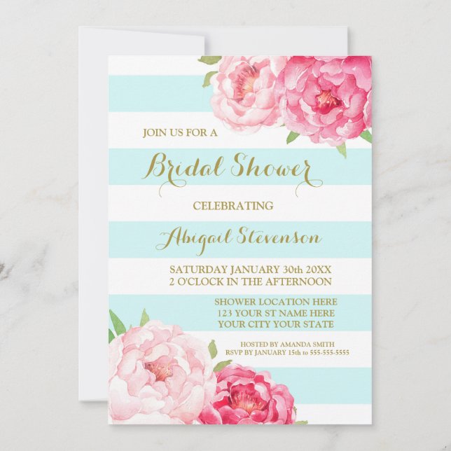Invitation Bleu Rayures Rose Aquarelle Fête des mariées Fleur (Dos)