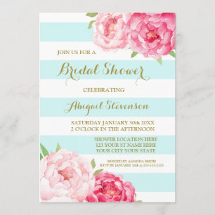 Invitation Bleu Rayures Rose Aquarelle Fête des mariées Fleur