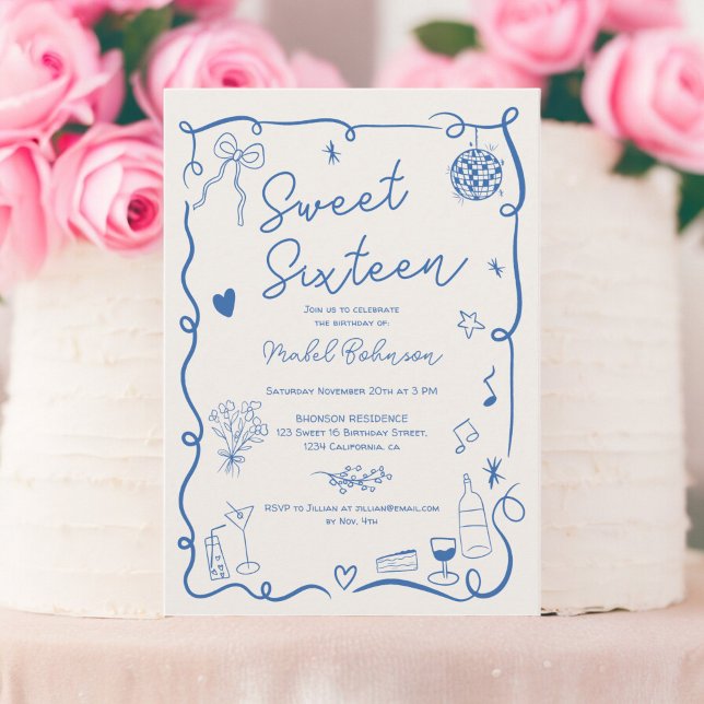 Invitation bleu rétro Français dessiné à la main Sweet 16 (Retro blue French hand drawn illustrated Sweet 16 Invitation)