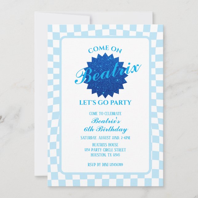 Invitation Bleu Retro Poupée Anniversaire (Devant)