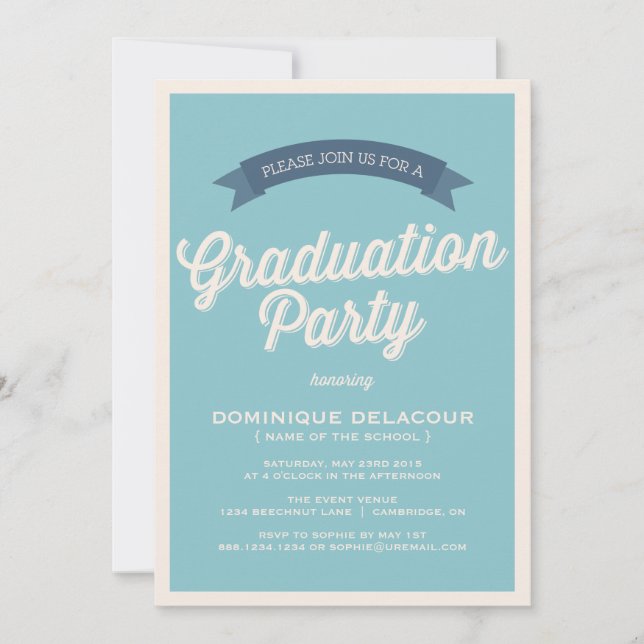 Invitation Bleu Retro Typographie Parti de Graduation (Devant)