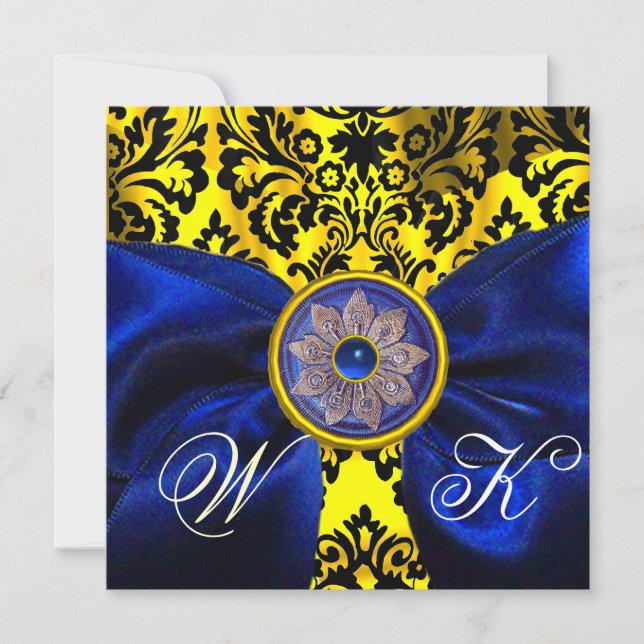 INVITATION BLEU RIBBON OR JAUNE BLACK DAMASK MONOGRAM (Devant)