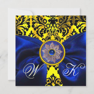 INVITATION BLEU RIBBON OR JAUNE BLACK DAMASK MONOGRAM