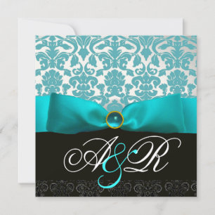 INVITATION BLEU RIBBON TURQUASE BLANC BLACK DAMASK MONOGRAM
