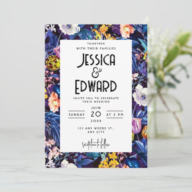 Invitation Bleu romantique Floral Élégant Chic Mariage Noir (Debout devant)