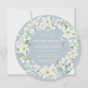 Invitation Bleu rond + Grille Florale blanche Brunch de Pâque