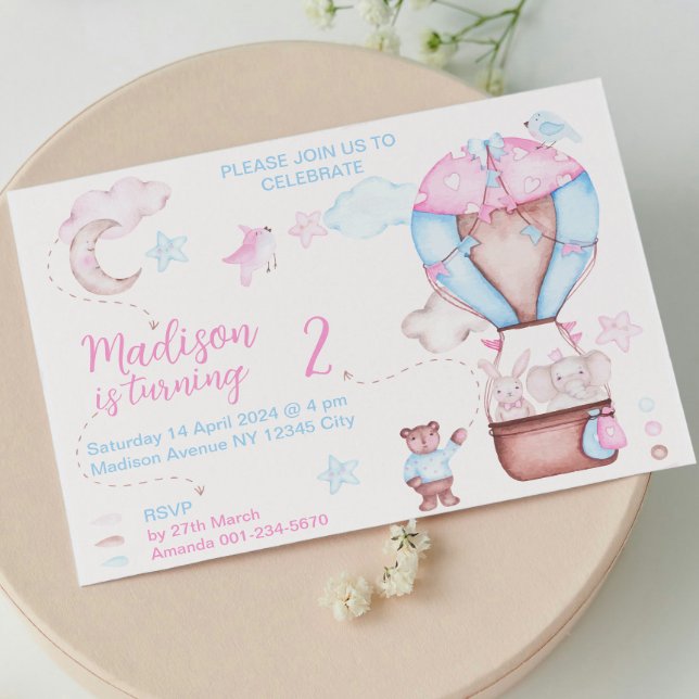 Invitation Bleu rose Aquarelle bleu mignon ballons (Cute Birthday Blue Pink Watercolor animals balloon Invitation)