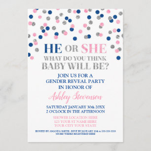 Invitation Bleu rose Argent Confetti Sexe Révéler Douche