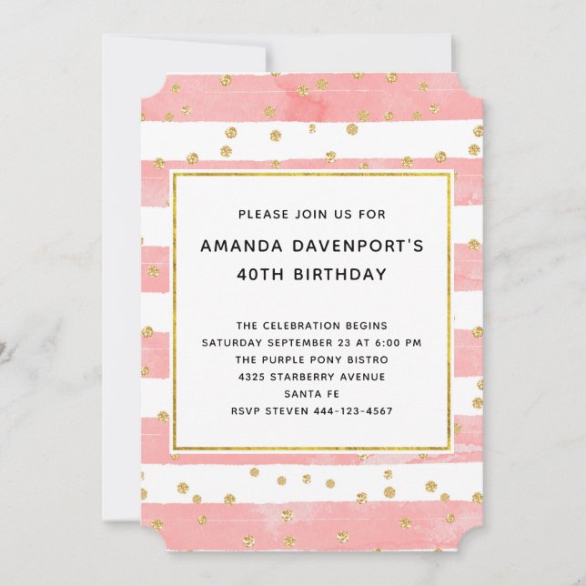 Invitation Bleu rose avec Gold Confetti Anniversaire (Devant)