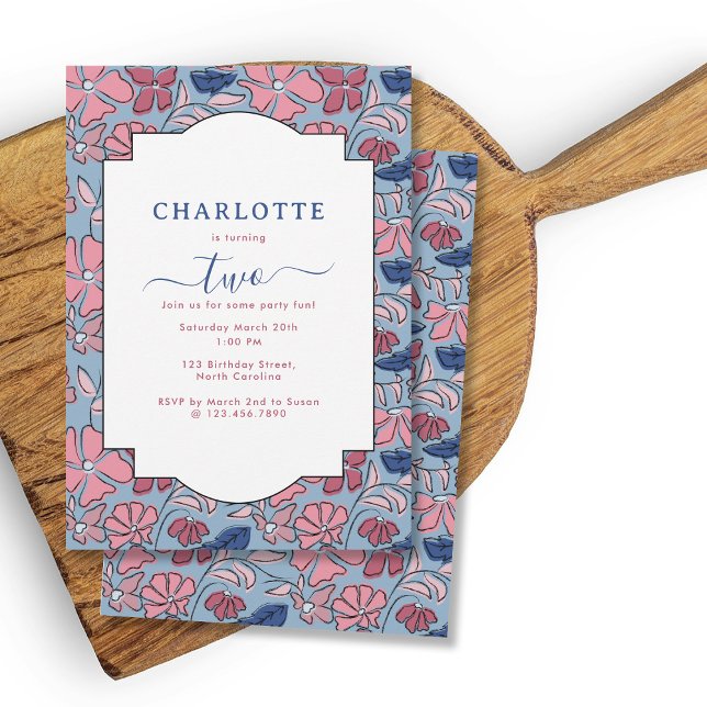 Invitation Bleu rose bloc floral Imprimer Fille fête d'annive (Pink Blue Floral Block Print Girl Birthday Party Invitation)