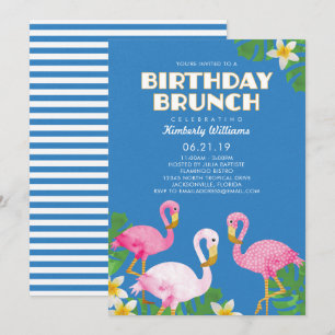 Invitation Bleu rose de brunch d'anniversaire de Flamants