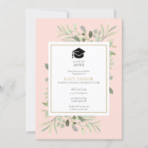 Invitation Bleu rose Élégant Vert Photo Graduation Party