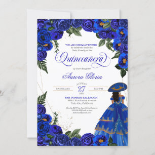 Invitation Bleu Rose Élégante robe Charro Quinceanera Floral
