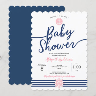 Invitation Bleu rose et marine, Été, Nautique, Petite fille