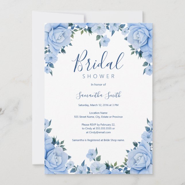 Invitation Bleu Rose fleuri nuptiale (Devant)