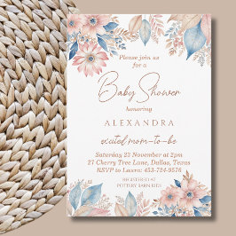 Invitation Bleu rose Floral Boho Baby shower chic