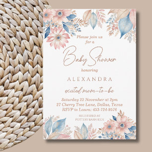 Invitation Bleu rose Floral Boho Baby shower chic