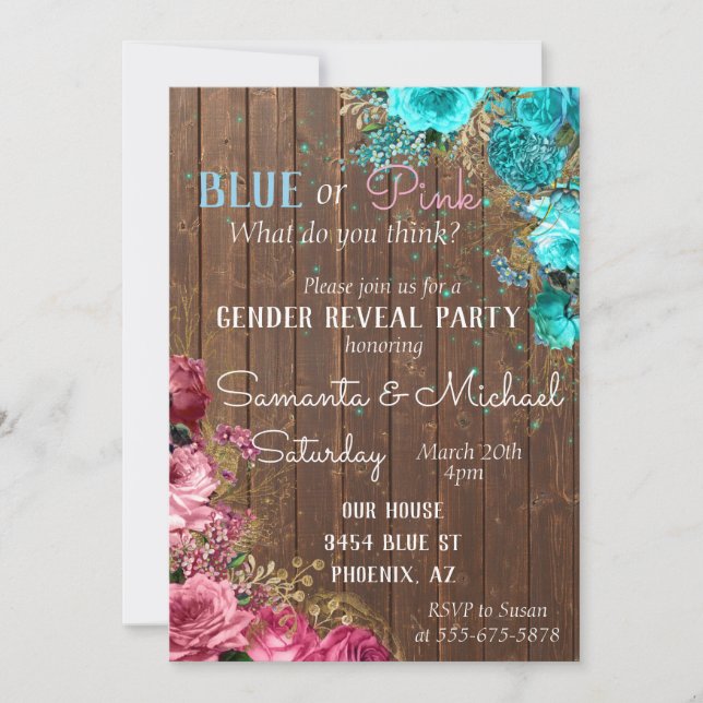 Invitation Bleu rose Floral Bois Chic Shabby Révélation de ge (Devant)