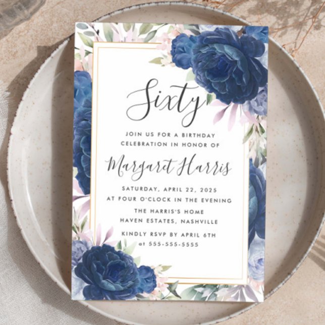 Invitation Bleu Rose Floral Gold Frame 60e Soixante Anniversa (Créateur téléchargé)