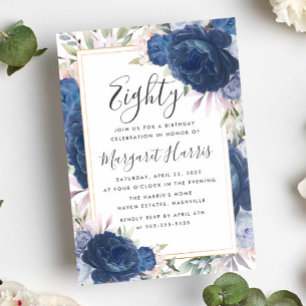 Invitation Bleu Rose Floral Gold Frame 80e Quatre-vingts Anni