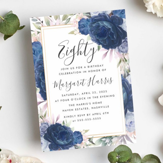 Invitation Bleu Rose Floral Gold Frame 80e Quatre-vingts Anni (Créateur téléchargé)