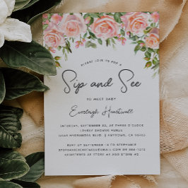 Invitation Bleu Rose Floral verdure Sip et voir Baby shower