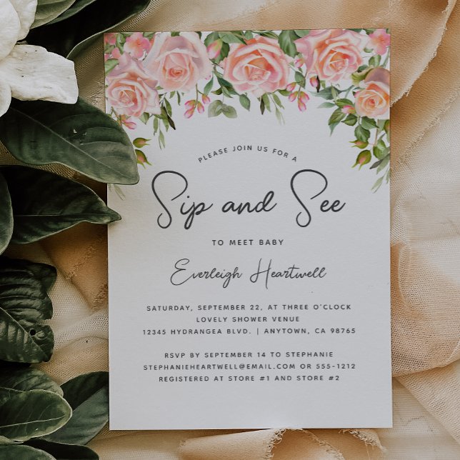 Invitation Bleu Rose Floral verdure Sip et voir Baby shower (Créateur téléchargé)