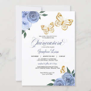 Invitation Bleu Rose Golden Butterfly Quinceañera Anniversair