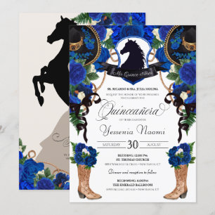 Invitation Bleu Rose Horse Crest Elegant Charro Quinceanera 