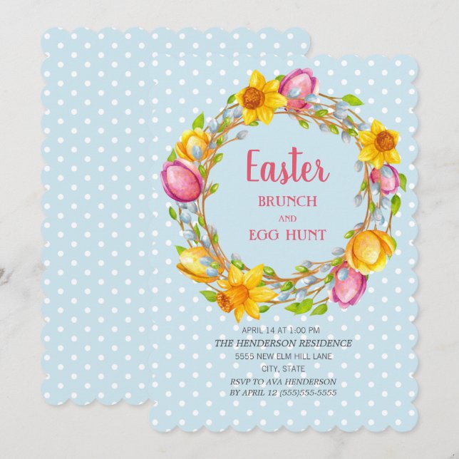 Invitation Bleu rose jaune Floral Pâques Brunch Chasse aux oe (Devant / Derrière)