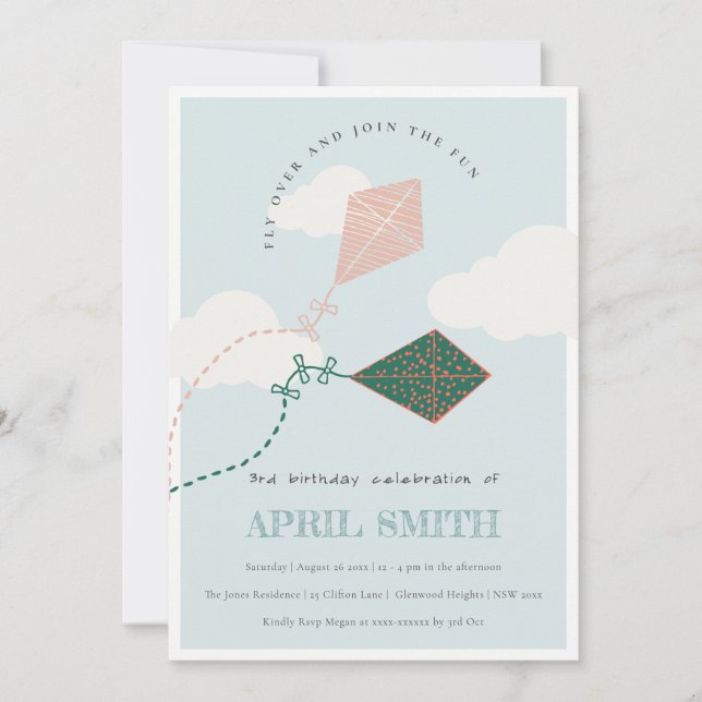 Invitation Bleu rose mignon Ciel nuages Anniversaire (Devant)