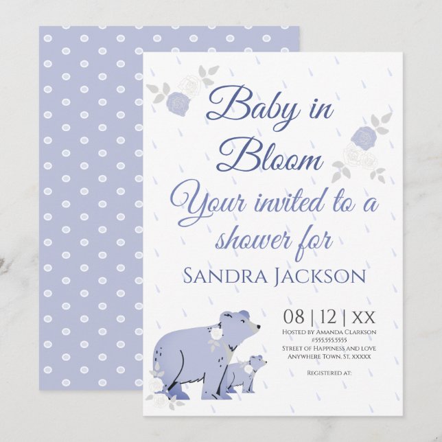 Invitation Bleu Rose mignonne Momma ours Baby shower garçon I (Devant / Derrière)