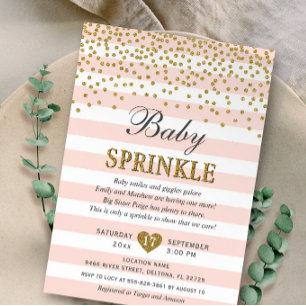 Invitation Bleu rose Or Stripe Confetti Bébé Fille Sprinkel