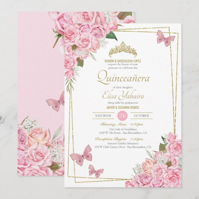 Invitation Bleu rose or Tiara Floral Butterfly Quinceanera (Devant / Derrière)
