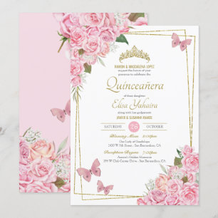 Invitation Bleu rose or Tiara Floral Butterfly Quinceanera