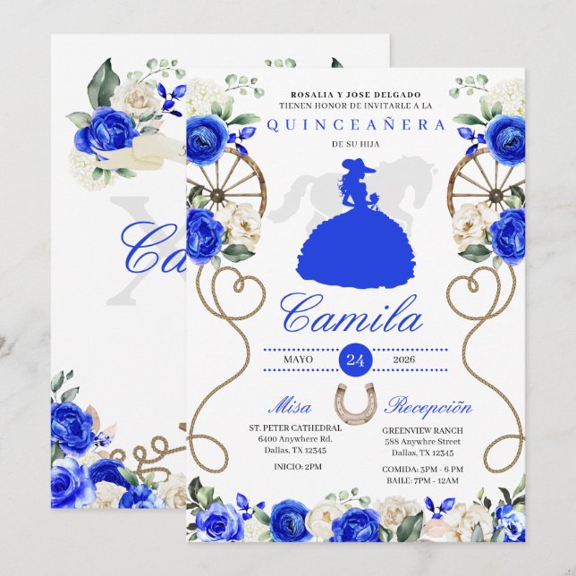 Invitation Bleu Rose Ouest Mariachi Charro Quinceañera (Devant / Derrière)