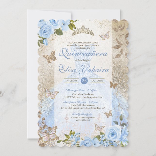 Invitation Bleu Rose papillon Glam Princesse Quinceañera (Devant)