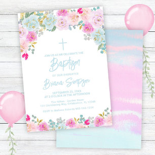 Invitation Bleu rose Peach Purple Fleurs Florales Baptême