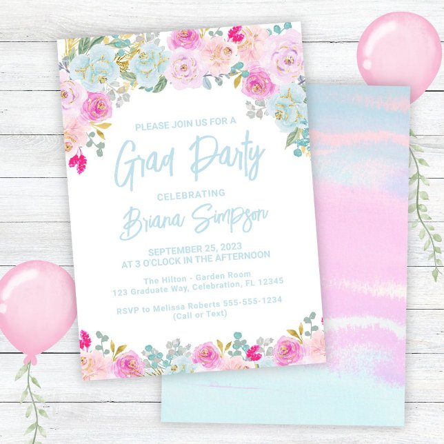 Invitation Bleu rose Pêche pourpre Graduation Grad Party (Créateur téléchargé)