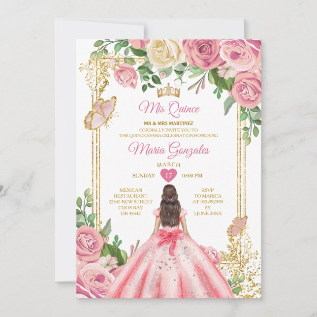 Invitation Bleu rose princesse Quinceañera Papillon Floral (Devant)