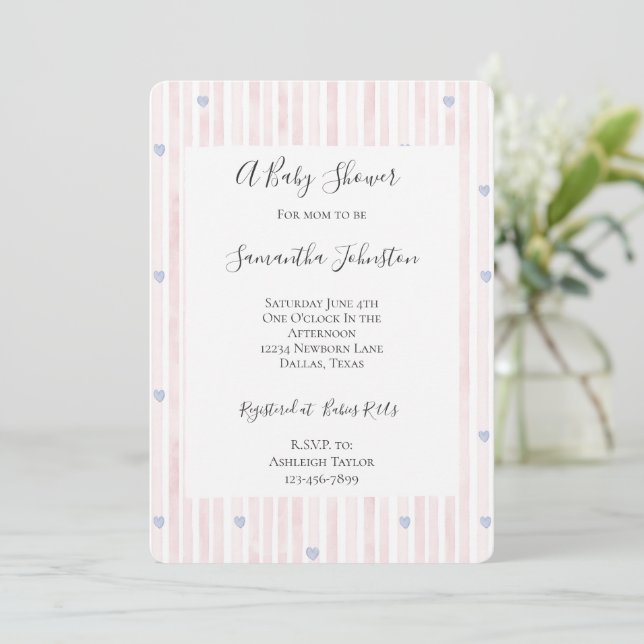 Invitation Bleu rose rayures Baby shower Coeurs Bleus (Debout devant)