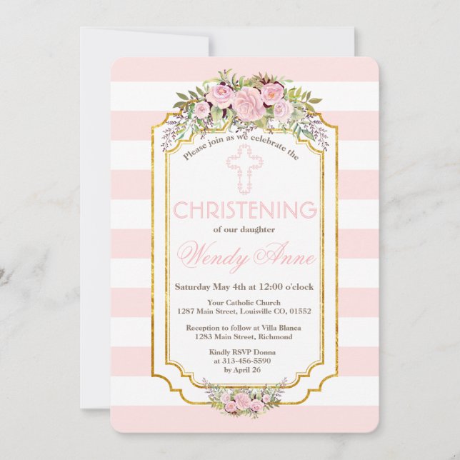Invitation Bleu rose rayures Floral Gold Christening Invitati (Devant)