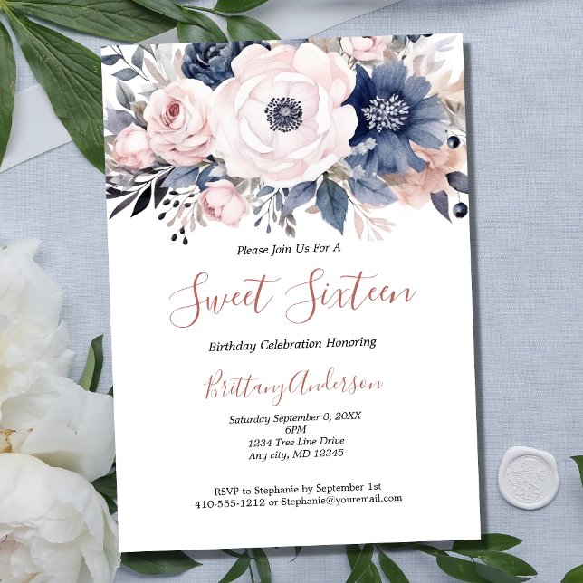 Invitation Bleu rose Sweet sixteen floral 16 Anniversaire (Pink White Navy blue Floral Sweet Sixteen Birthday Invitation.)