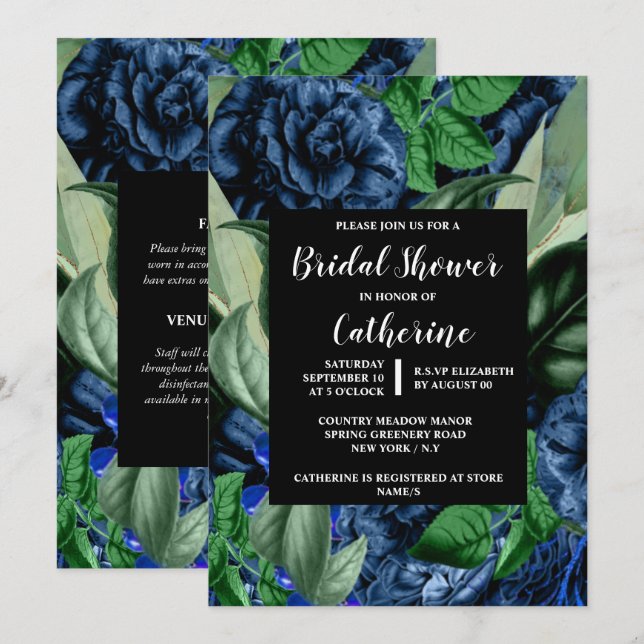 Invitation Bleu rose verdure fleurs botaniques florales (Devant / Derrière)
